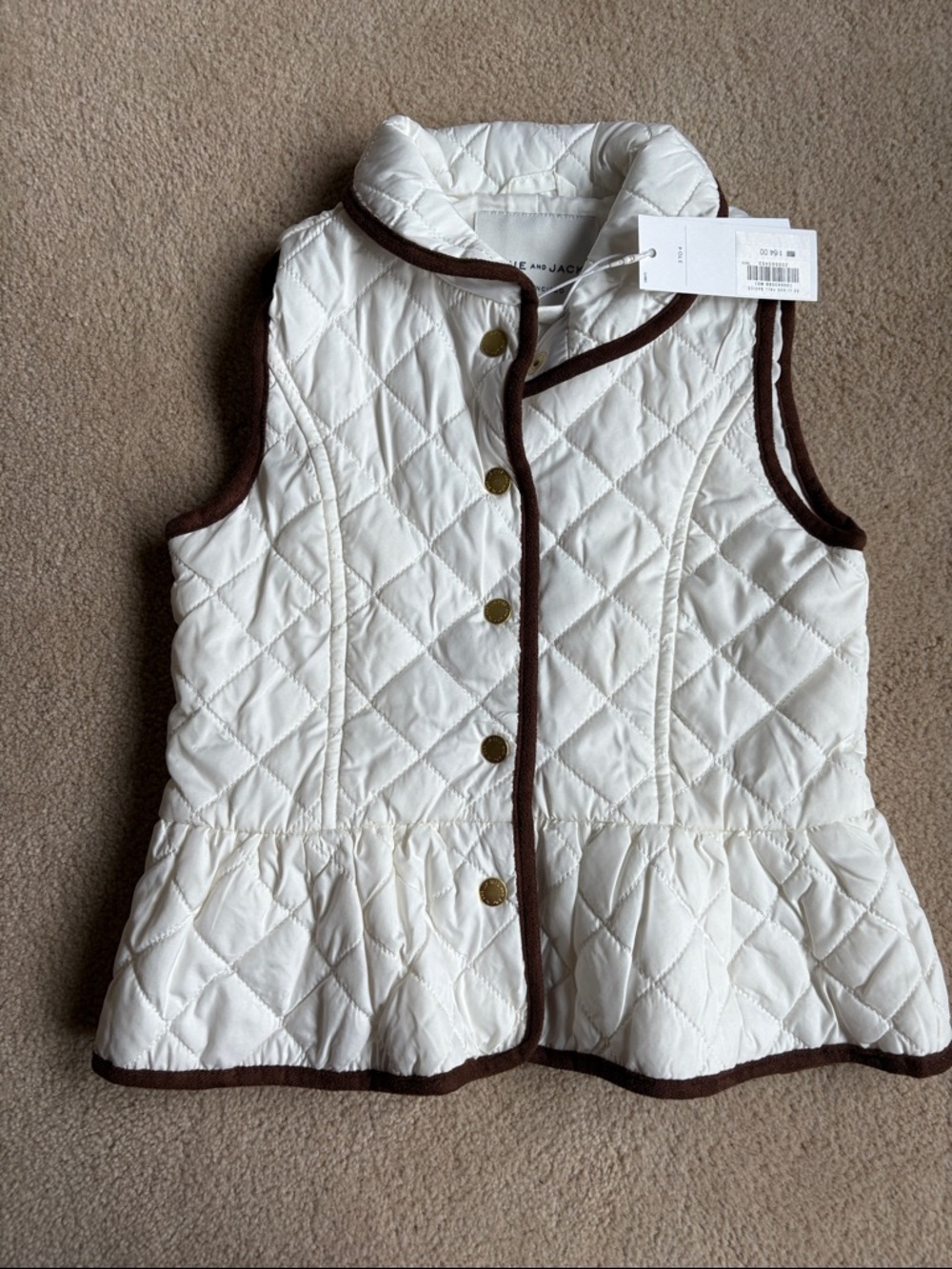 Janie and Jack Cream Quilted Peplum Vest with Brown Trim